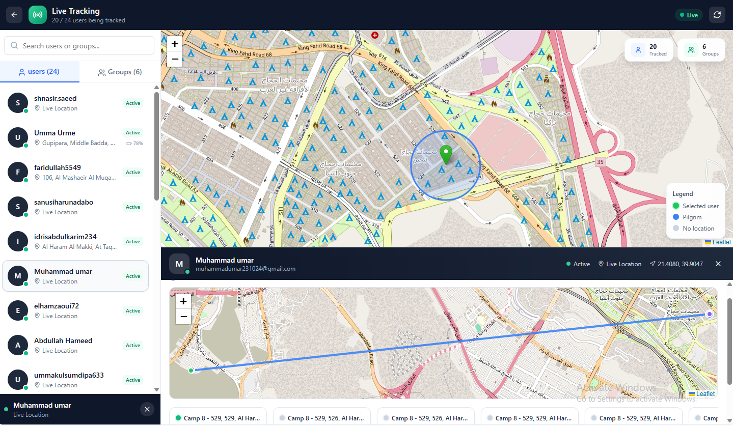 Live Tracking dashboard screen