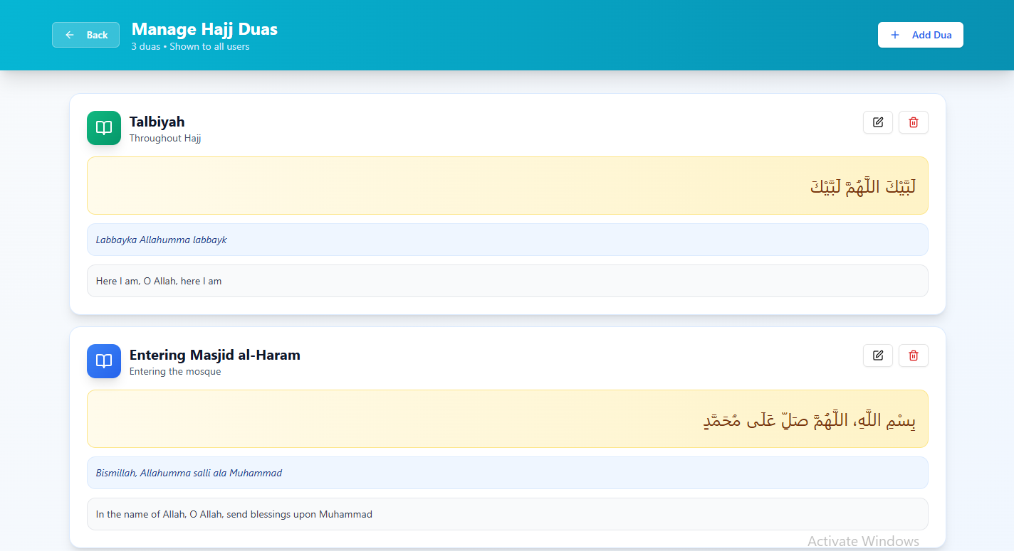 Manage Hajj Duas dashboard screen