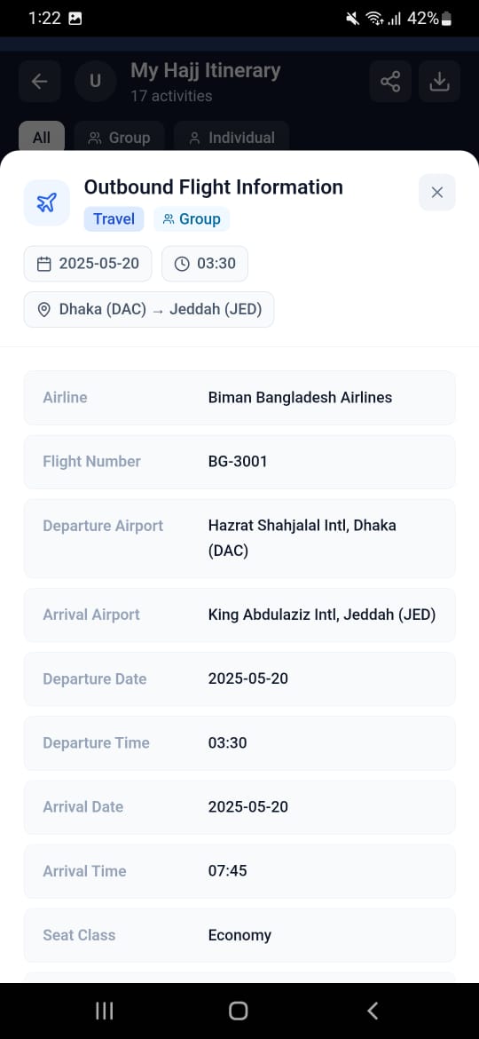 My Hajj Itinerary group information screen