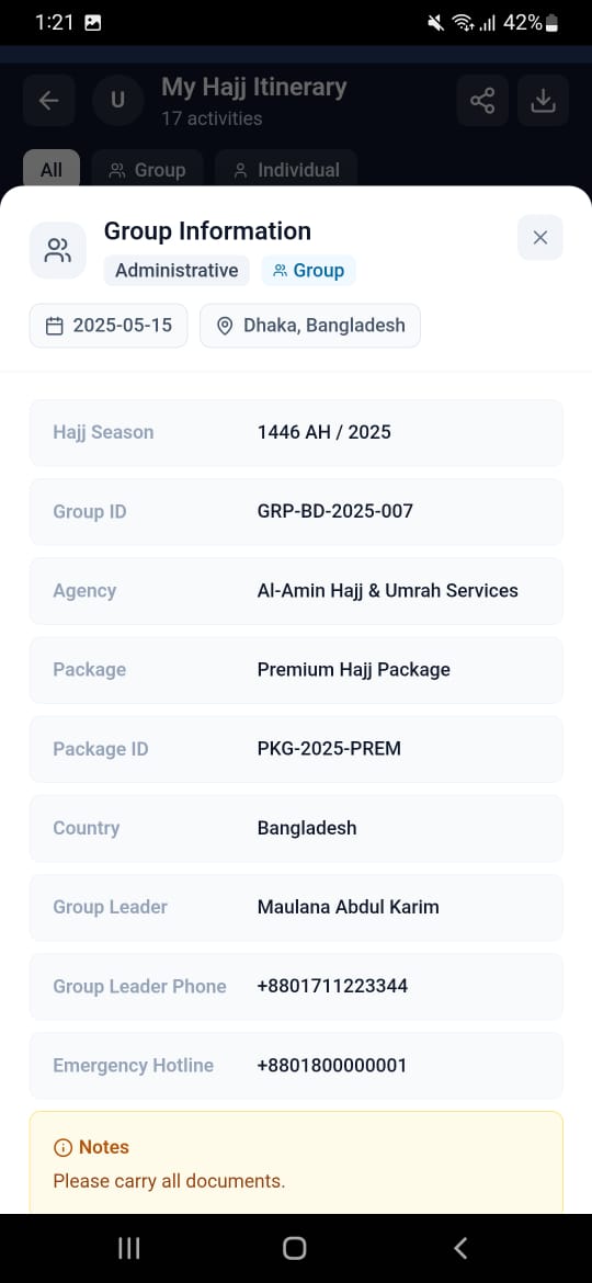 My Hajj Itinerary outbound flight information screen