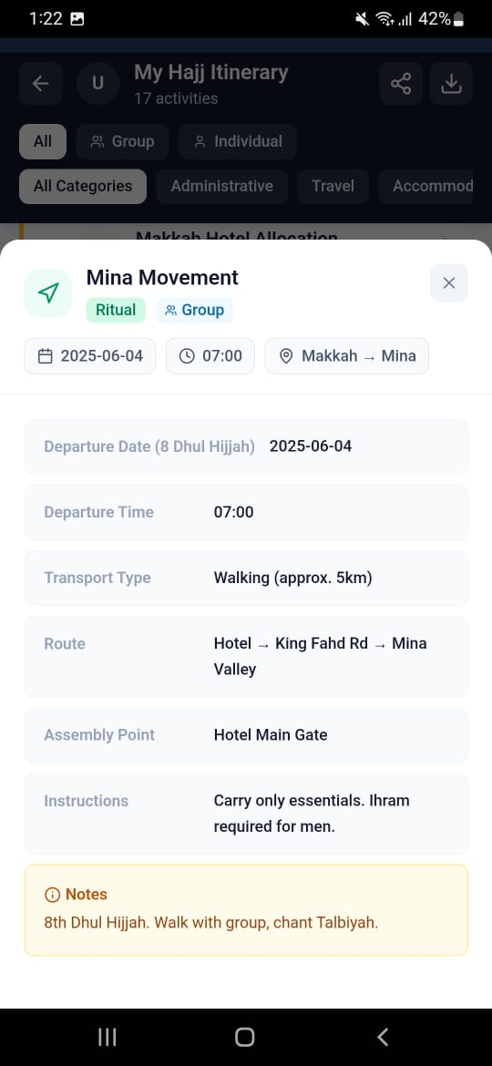 My Hajj Itinerary Mina movement screen